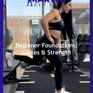 A woman in a gym performs a lunge with her right leg on a bench, wearing black athletic wear and white sneakers. Text reads: "MARWA BEN SAYEH, Beginner Foundations: Glutes & Power, 4 Week Program." Gym equipment is seen in the background.