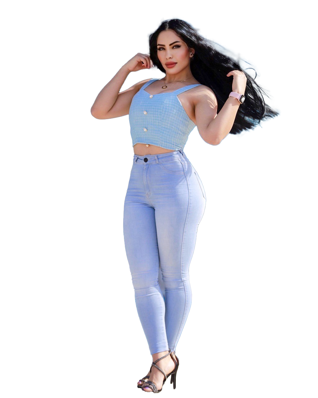 A woman with long black hair poses confidently, wearing a blue checkered crop top and high-waisted light blue jeans. She stands on black high-heeled sandals and adjusts her hair with one hand, showcasing a watch on her wrist. The background is transparent.
