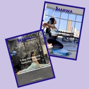 Two exercise program covers on purple depict a woman stretching at home with "5-Day Home Glute Ramadan Edition" and a woman lifting weights in a gym with "5-Day Gym Glute Ramadan Edition." Both feature "MARWA" and "4 WEEK PROGRAM." They are part of the Ramadan Workout Bundle: Gym & Home PDF Guides.